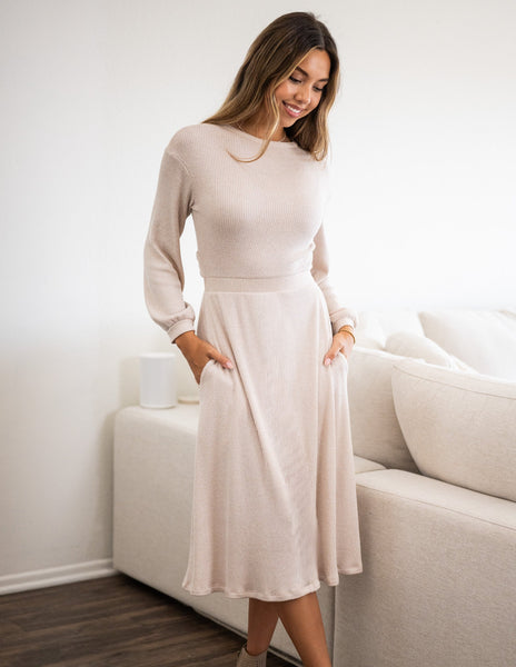 neutral midi dress Ainslee Square Neck in Ivory a square neckline Lea Midi Dress Sozy