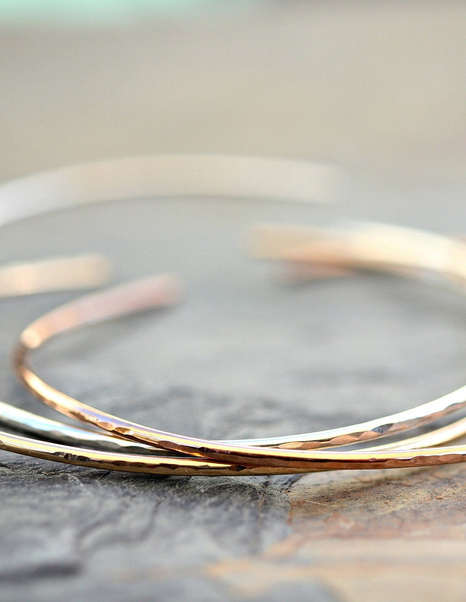 Thin Cuff Bracelet, Hammered Gold Open Bangle