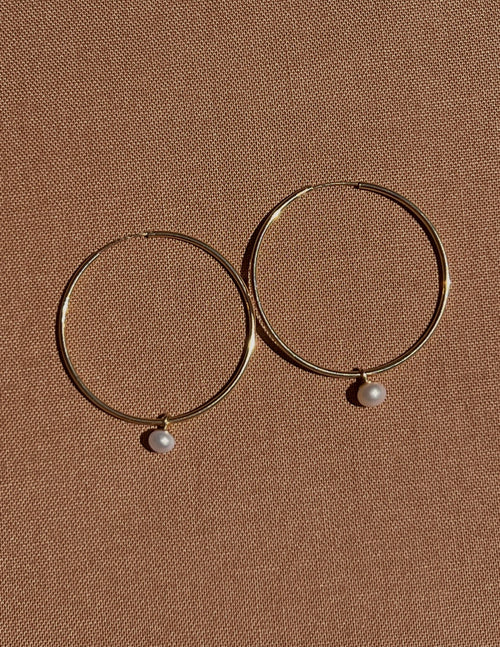 14K Yellow Gold Pearl Hoops