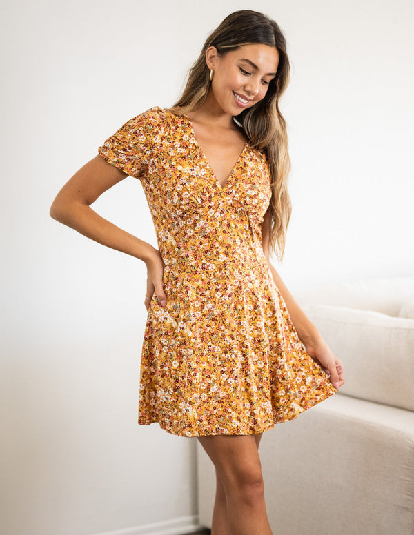 mustard mini dress Floral / XS Color:Nude/Ivory Cute V-neck Floral Dresses, WHY LINEN open front dress