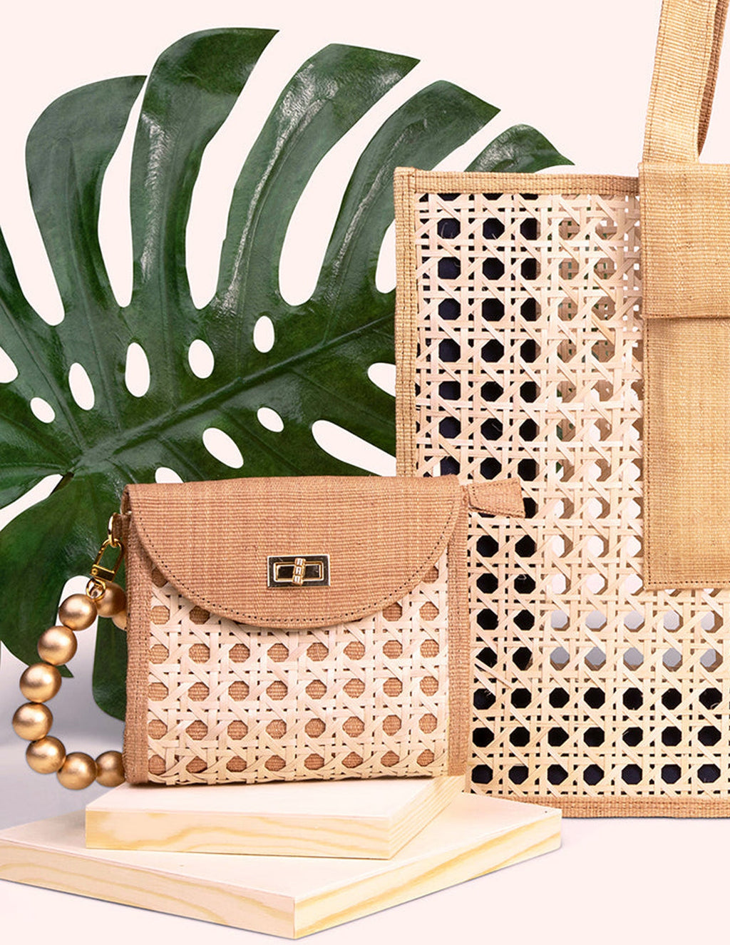 THE DAVINA Tan & Gold Rattan Woven Wristlet Purse