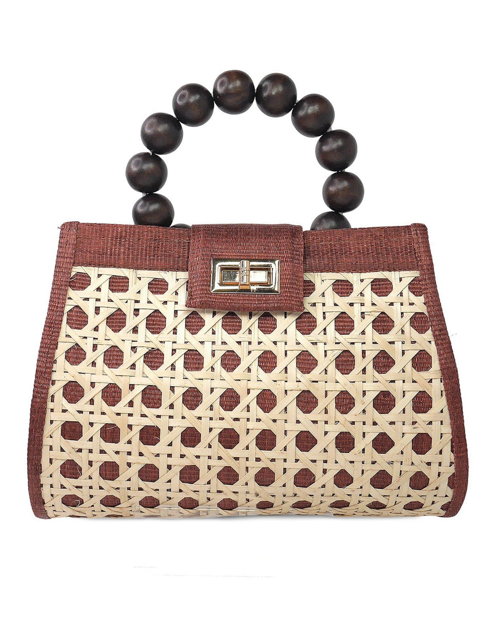 THE LAUREN Brown & Burgundy Rattan Woven Tote Handbag